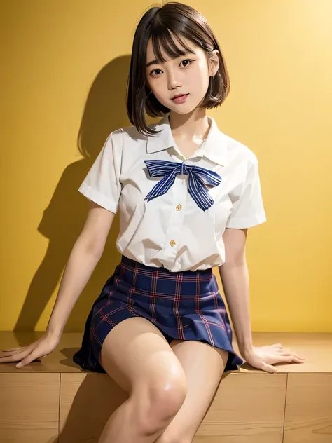 one person、one person、An 18-year-old high school girl poses for a photo in a short-sleeved white sailor uniform、victory、Bobcut、Tsundere、masterpiece、High-level image quality、Sharp focus）、Navy blue shirt、Red tie、Navy and red checked mini skirt、cute、Japanese ...