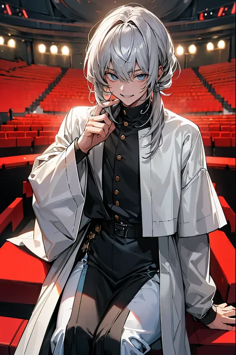 ((4K Workasterpiece、（highest quality)、((High-level image quality))、((One Boy)))、((full body)),((Medium Hair))、((Makes your face smaller))、((Neutral face))、((bangs over eyeechacle))、((Gray Hair,blunt bangs))、((18-year-old))、((Psychopathic Smile)),((Shot alo...