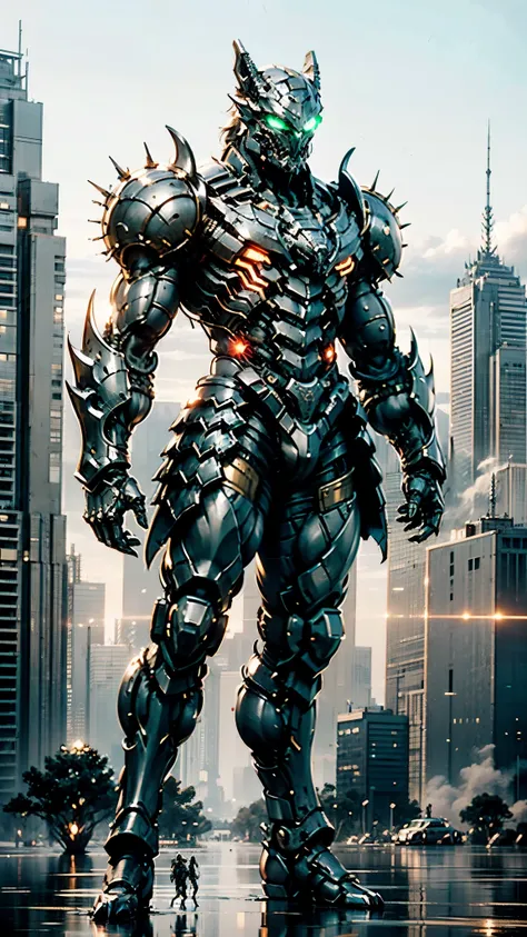 A man wearing a full-face helmet, a fantasy-style biotech armored combat suit, green eyes, (a composite layered chest armor), fully enclosed shoulder guards, matching arm and leg guards, the belt is adorned with dragon claw grasping orbs, (primarily black ...