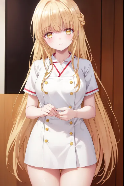 Mahiru shiina, , blonde, (Yellow Eyes:1.3)、Braided long hair,,blush,smile,Captivating thighs、Beautiful bare legs, Sideways armpit、Wearing a nurse uniform、Wearing a nurse&#39;s hat、hospital、Conduct a medical examination
（masterpiece:1.2), highest quality, H...