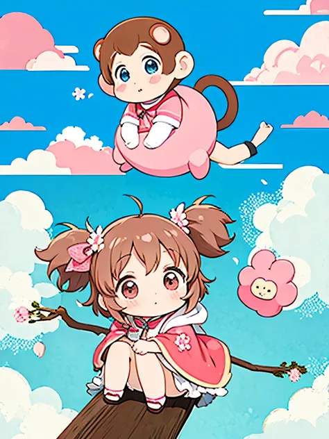 Momoko Sakura Style, Kawaii Design, Chibi girl monkey, monkey Forest, Above the Clouds, Carrying you