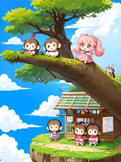 Momoko Sakura Style, Kawaii Design, Chibi girl monkey, monkey Forest, Above the Clouds, Carrying you