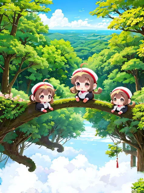 momoko sakura style, kawaii design, chibi girl monkey, monkey forest, above the clouds, carrying you