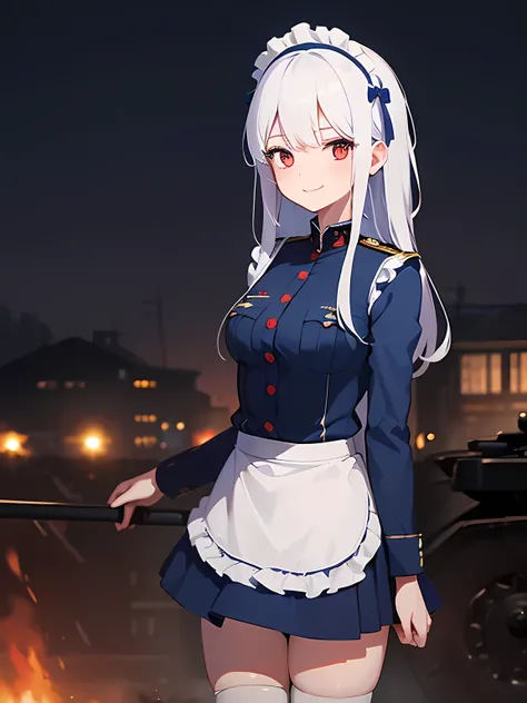 1girl, blue maid uniform, smiling, standing, white hair, red eyes, world war one, outside, bullets, blood on face, dirt on uniform, blurred background, bloody uniform, dark blue world war two tank in background, night time, 8k