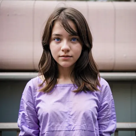 photo of a columbia student，16 years old, in purple pink, linen coarse cloth, (freckles:0.8) blush，cute face, scifi, dystopian, ...