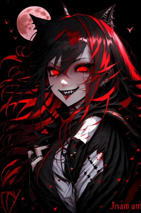 emo girl vampire bat fangs long red hair with red eyes white moon high quality