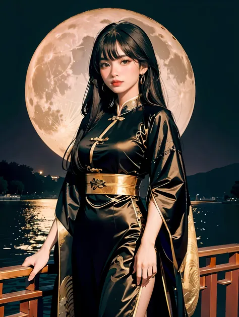 masterpiece, best quality, outdoor, night, full moon, lakeside, branches, 1 woman, mature woman, chinese style, ancient china, b...