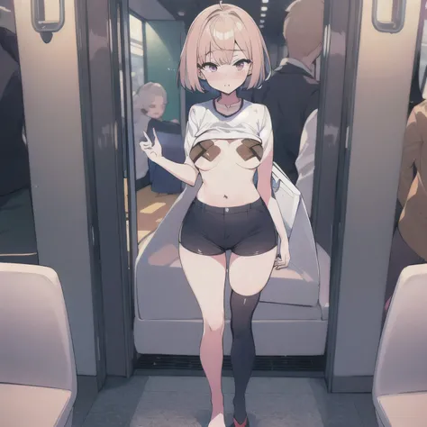 (((masterpiece))), small girl, shortstack, short stack, thick thighs, thigh high sock,full body, embarrassed girl, frustrated girl,standing inside the train, the train is crowded with and passengers, underboob, bandaids on nipples