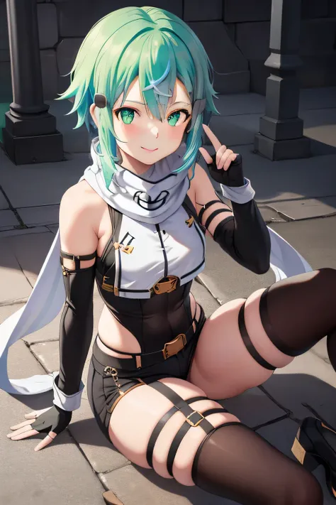 masterpiece, top-quality, high resolution, 1girl, sinon1, scarf, Fingerless gloves, hair adornments, hair clips, Thigh strap, sitting on, Curvaceous, Small waist, bbw,, a smile, vibrant colours, raynare, best quality,
