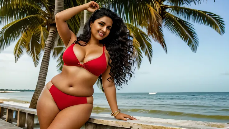 1  Indian  XL plus size adult female, long hair, curly hair, black hair color, smooth skin, brown eyes, To smile, vegetation, hour々, business woman style clothes, random , realist, With sea beach background, 8k super realist, super detalhado e realist、fron...