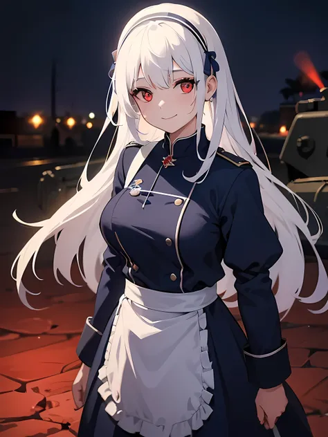 1girl, blue maid uniform, smiling, standing, white hair, red eyes, world war one, outside, bullets, blood on face, dirt on uniform, blurred background, bloody uniform, dark blue world war two tank in background, night time