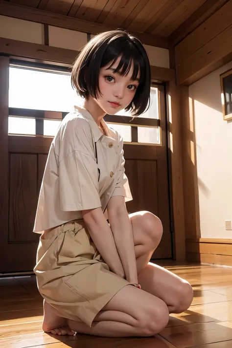 High resolution, masterpiece, Ruka Sarashina, short hair, black hair, (solo), 1girl, cute, interior, detailed eyes, (black eyes) full body