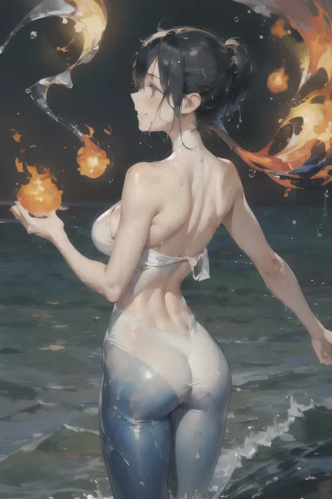 little girl,Big Breasts，Happy, wreathed in flame，Wearing a backless top,abundant，Gradient, extreme，color, Extreme，detail, Clear light perception,From the back,butt, (many, Impressionism, painting), Anime Characters,flowing flame,Disheveled,Clothing that fi...