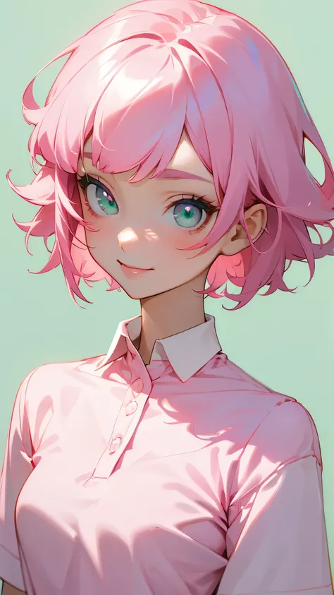 One Girl、single、Pink Hair、short hair、bangs、Pink Hair、Green Eyes、Beautiful Eyes、White polo shirt、Upper body close-up、Side body、smile