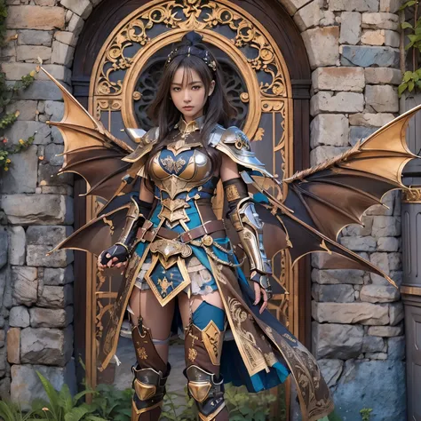 (masterpiece、highest quality、Realistic photos)、A very cute Japanese woman、(Brown skin:1.4)、A complex copper and brass mechanical armor with a skull motif.、Bat Wings、White tone、Blue accents、foot、Extremely intricate details、Posing on the medieval castle wall...