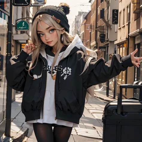 (best quality, masterpiece), 1girl, hoodie, long hair, street, looking at viewer, beanie, skirt, makeup, piercing, pantyhose,