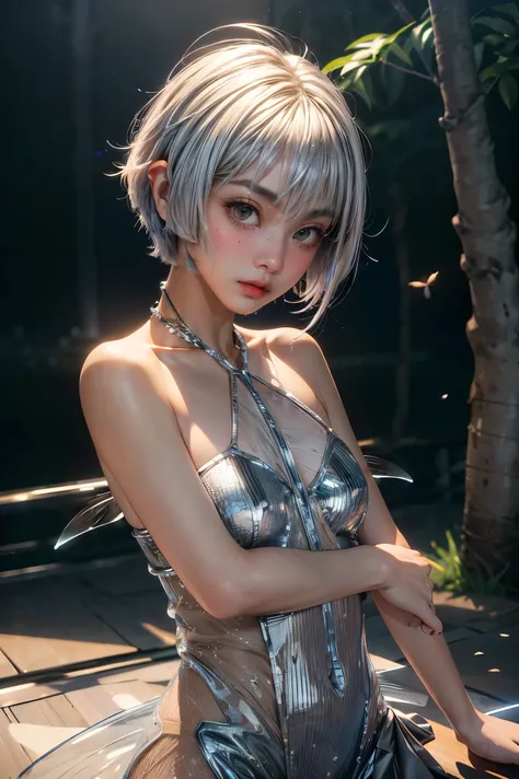 (extremely detailed CG unity 8k wallpaper, masterpiece, best quality, ultra-detailed), (best illumination, best shadow, an extremely delicate and beautiful), a cool, dynamic, and original young girl character with a (dynamic pose) and silver (pixie cut hai...