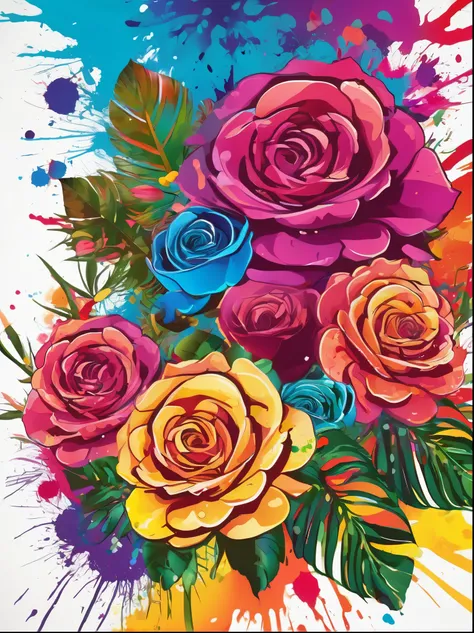 Vector Art, Colorful illustration with lots of roses, In the center, Vibrant colors, Paint splatters and stains, High Detail,Hawaii Background
