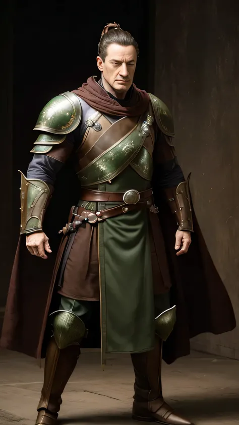 ((Jason Isaacs)) as Dairou from Mortal Kombat, (bald head), ponytail, light brown tunic, brown robe, green elements, belts, straps, armor pieces, brown leather gauntlets, shin guards, 1man, solo, full body view, front view, looking at viewer, intricate, hi...