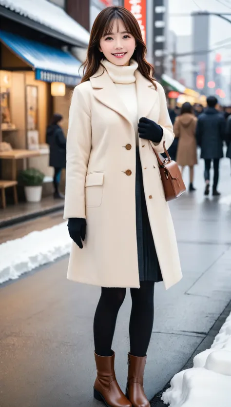 highest quality、masterpiece、Ultra-high resolution、live-action、4k、Beautiful Japanese Women、20 years old、turtleneck、boots、Long coat、Woolen gloves、A happy look、Brown Hair、Snow Scene、The background is Shibuya