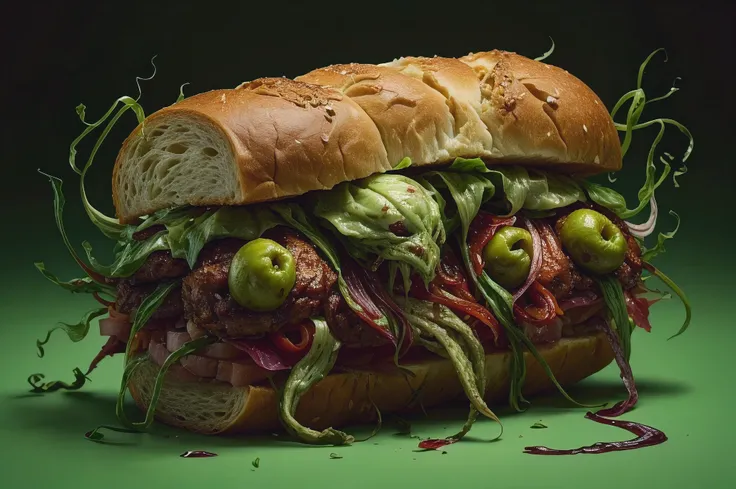 A disturbingly photorealistic and ultra-detailed depiction of a Muffaletta sandwich transforming into a surreal, Lovecraftian horror. The sandwichs ingredients mutate into grotesque, pulsating creatures, such as olives with unblinking eyes, while the bread...