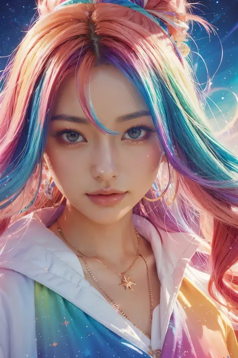 close-up of a woman with colorful hair and necklace, anime girl with cosmic hair, rossdraws' soft vibrancy, gouviz-style artwork...