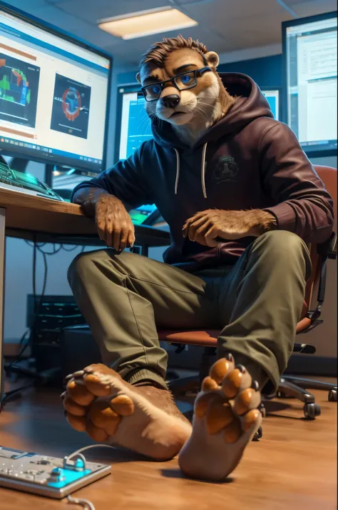 (((Barefoot furry character, full body, cinematic setting, furry male, plantigrade paws))) computer lab scene with a tech-savvy otter teacher wearing a hoodie and glasses, sitting at a computer desk surrounded by monitors and circuit boards, long brown pan...