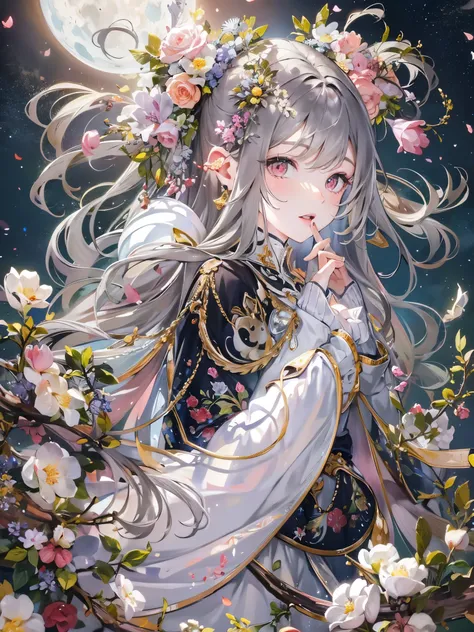 ((highest quality)),(Ultra-high resolution),(Super detailed new),(Detailed Description),((The best CG)),(A masterpiece),Ultra-detailed art,A wonderful new art form,(Art with precise detail:1.5), Illuminated by the moon, flower, Excitement