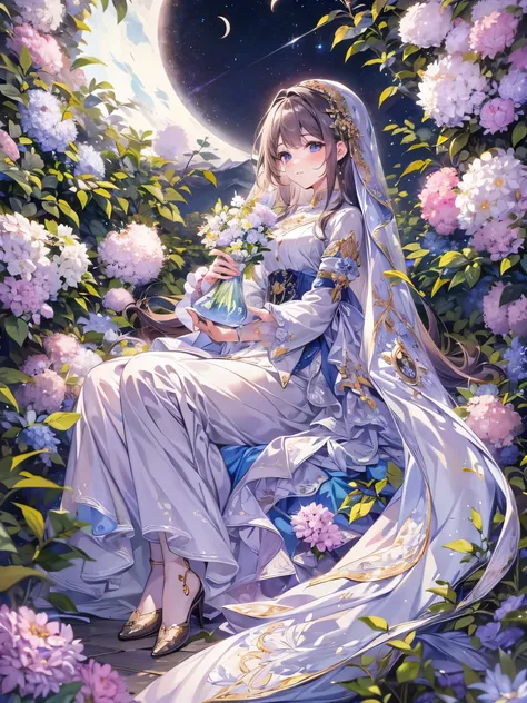 ((highest quality)),(Ultra-high resolution),(Super detailed new),(Detailed Description),((The best CG)),(A masterpiece),Ultra-detailed art,A wonderful new art form,(Art with precise detail:1.5), Illuminated by the moon, flower, Excitement