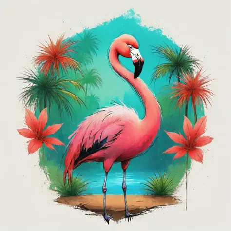Vector Art, Colorful illustration with flamingo, In the center, Vibrant colors,Tropical rainforest background