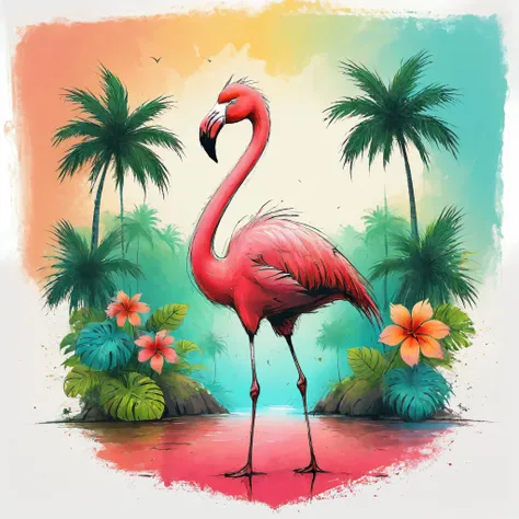 Vector Art, Colorful illustration with flamingo, In the center, Vibrant colors，Tropical rainforest background
