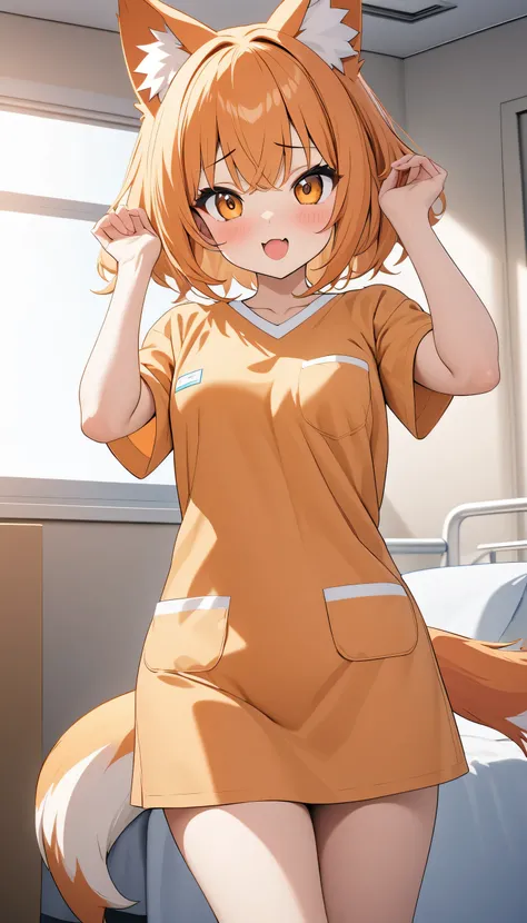 Anime orange fox girl, kawaii pose, wearing scrubs, ultra hd, masterpiece, hospital bg