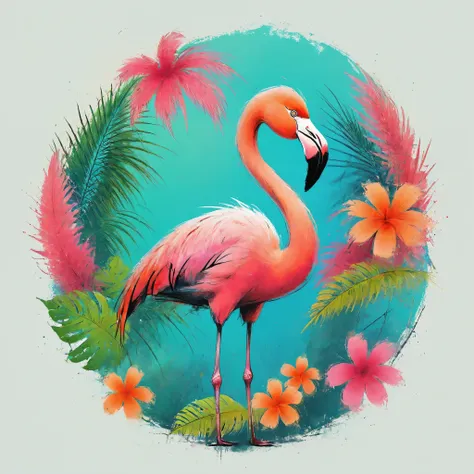 vector art, colorful illustration with flamingo, in the center, vibrant colors，tropical rainforest background