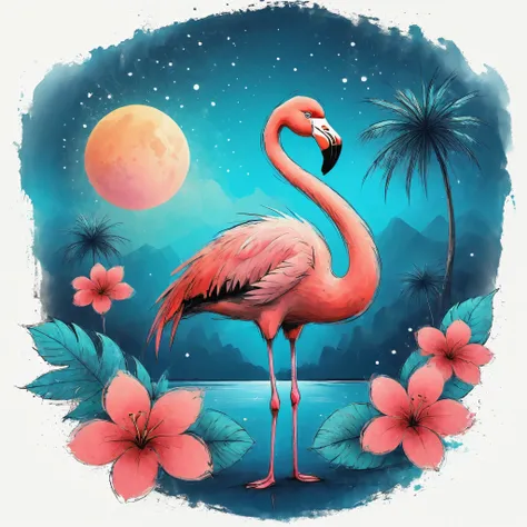 Vector Art, Colorful illustration with flamingo and flowers, In the center, Vibrant colors,Tropical rainforest starry sky background