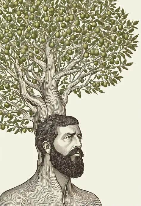 (best quality,highres:1.2),minimalistic clean book cover,Futura typography,"The Point of the Fruit of the Spirit",bearded man,revelation and puzzlement,fruit tree,confused expression,natural background,subtle colors,elegant composition,detailed illustratio...