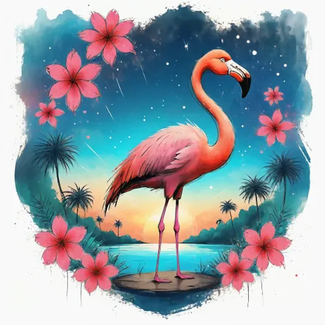 Vector Art, Colorful illustration with flamingo and flowers, In the center, Vibrant colors,Tropical rainforest starry sky background