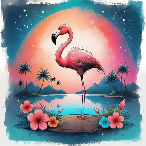 Vector Art, Colorful illustration with flamingo and flowers, In the center, Vibrant colors,Tropical rainforest starry sky background
