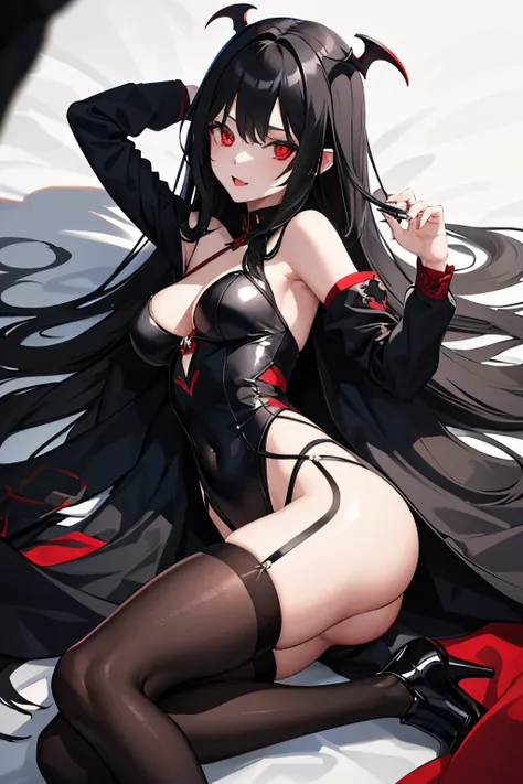 One girl，She has long black hair and red eyes.，Wearing black stockings and a black skir a vampire，Lying on the devil&#39;s bed