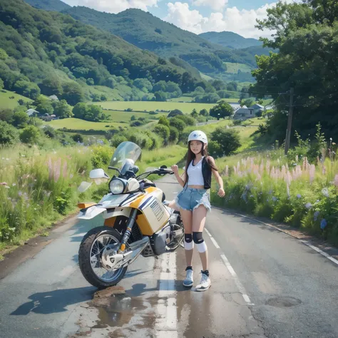 highest quality、A girl is riding a white Super Cub、Dark brown shortcuts、(He is wearing a jet helmet、The helmet has a black and white line running from front to back in the center.。.、White tank top、Pink jacket、Denim shorts、White knee-high socks、Brown Work B...