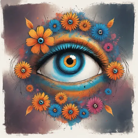 vector art, colorful illustration with lots of eyes and flowers, in the center, vibrant colors，dark wind background