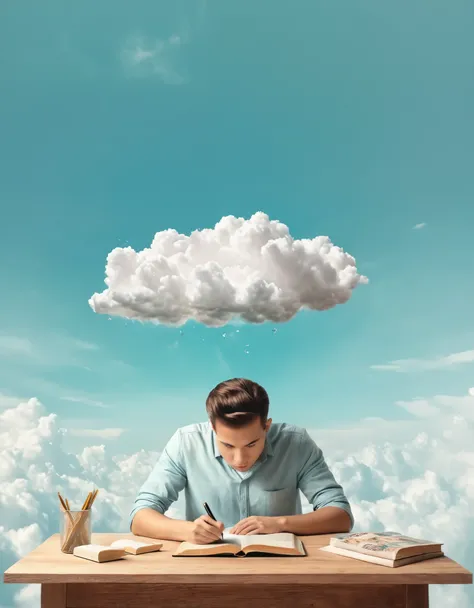 man writing book on table, symbolic thoughts cloud above head, movie shown in cloud, ultra-realistic, 4k, pastel color photo