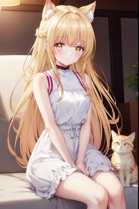 Mahiru shiina, , blonde, (Yellow Eyes:1.3)、Braided long hair,,blush,smile,Captivating thighs、Beautiful bare legs, Sideways armpit、Wearing cat ears、Cat&#39;s Tail、She&#39;s very clingy、Cat ears grow
（masterpiece:1.2), highest quality, High resolution, unity...