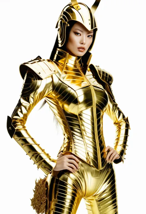 hieronymus bosch, golden samurai armour in the style of balenciaga, detailed hyper realistic female model, fashion magazine cove...