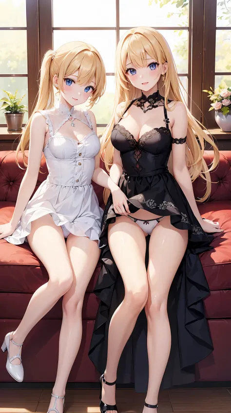 ((highest quality、High resolution))、Blonde、Sexy Dress、((Two beautiful girls show their panties))、I&#39;m tempting you