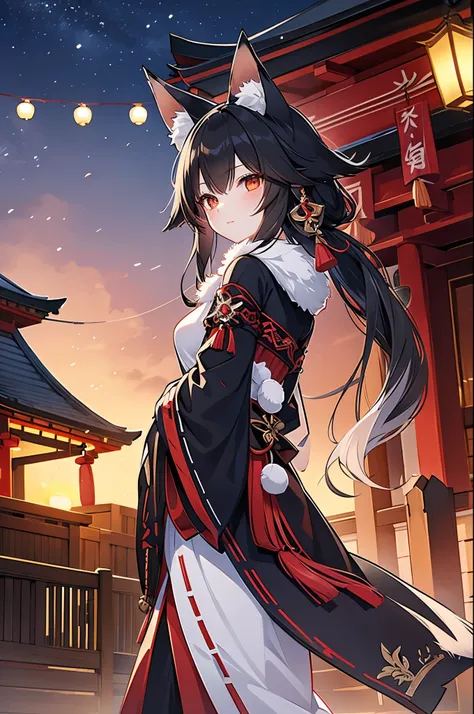 fox maiden, shrine, maiden, black fur, miko clothing, fox ears, night, lanterns, black hair