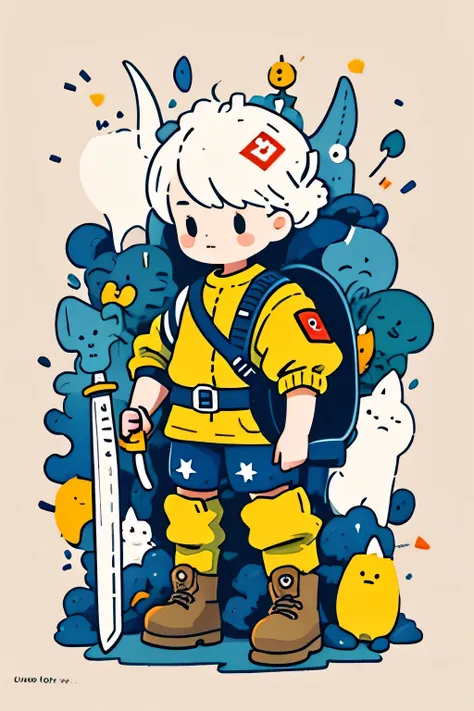 Cute soldier holding a sword,minimalism,Surrounded by cartoon teeth