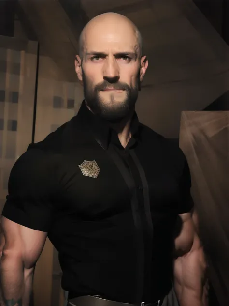tall bald handsome man with beard, daddy, dark tattoos, lean fit body, black shirt, 30yo, dynamic lighting, lean body, black button up shirt, black belt, silver emblem on shirt, character sheet, half body shot