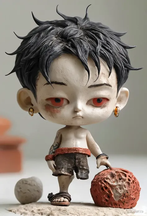 (best quality:1.2),ultra-light clay, clay, pottery, rough knitted texture, distressed, dirty, mineral pigments, 3D clay sculpture art, clay sculpture, rough surface, (1boy, earrings, jewelry, male focus, piercing, red eyes, sandals, solo, tattoo)