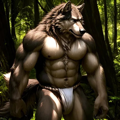 male, wolf, fundoshi, sweating, realistic,