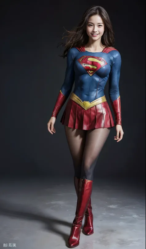 No background、(((Beautiful legs in black tights.)))、(((Legally express the beauty of your smile)))、((((Make the most of your original images)))、(((Supergirl Costume)))、(((Beautiful Hair)))、(((Smiling and winking)))、(((Please wear black tights....、Wear red ...